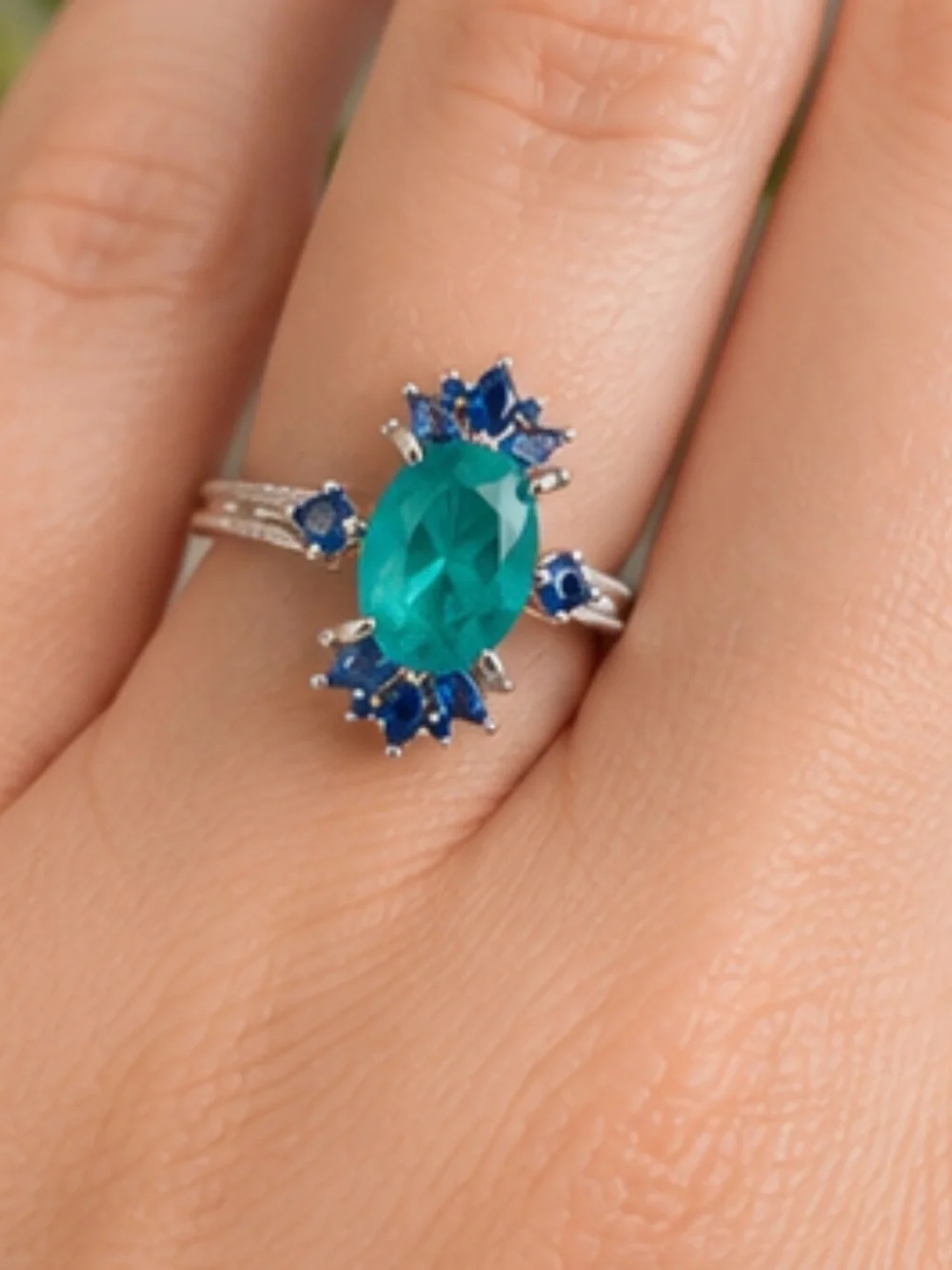 lab created blue and green stone, Rhodium Plated size 7